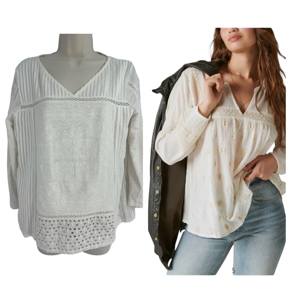 LUCKY BRAND Boho settler Embroidered Split Neck Blousy Top MEDIUM Whisper White